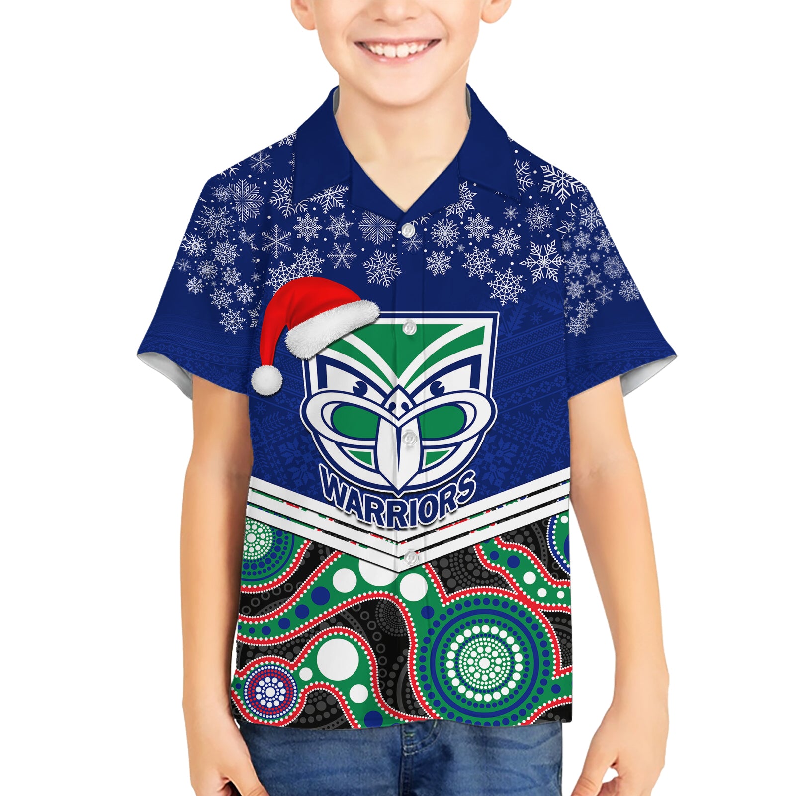 Custom Warriors Rugby Christmas Hawaiian Shirt Merry Xmas 2023 Mix Aboriginal Art - Vibe Hoodie Shop