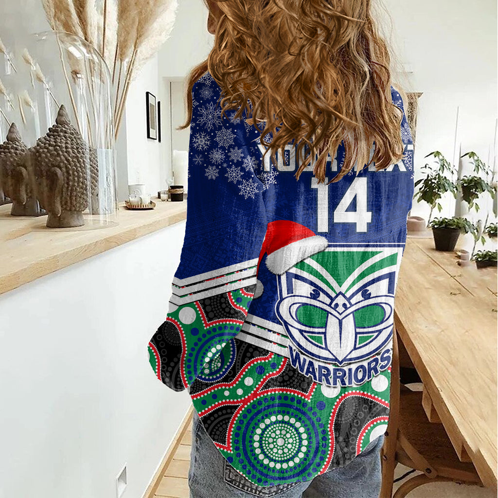 Custom Warriors Rugby Christmas Women Casual Shirt Merry Xmas 2023 Mix Aboriginal Art - Vibe Hoodie Shop