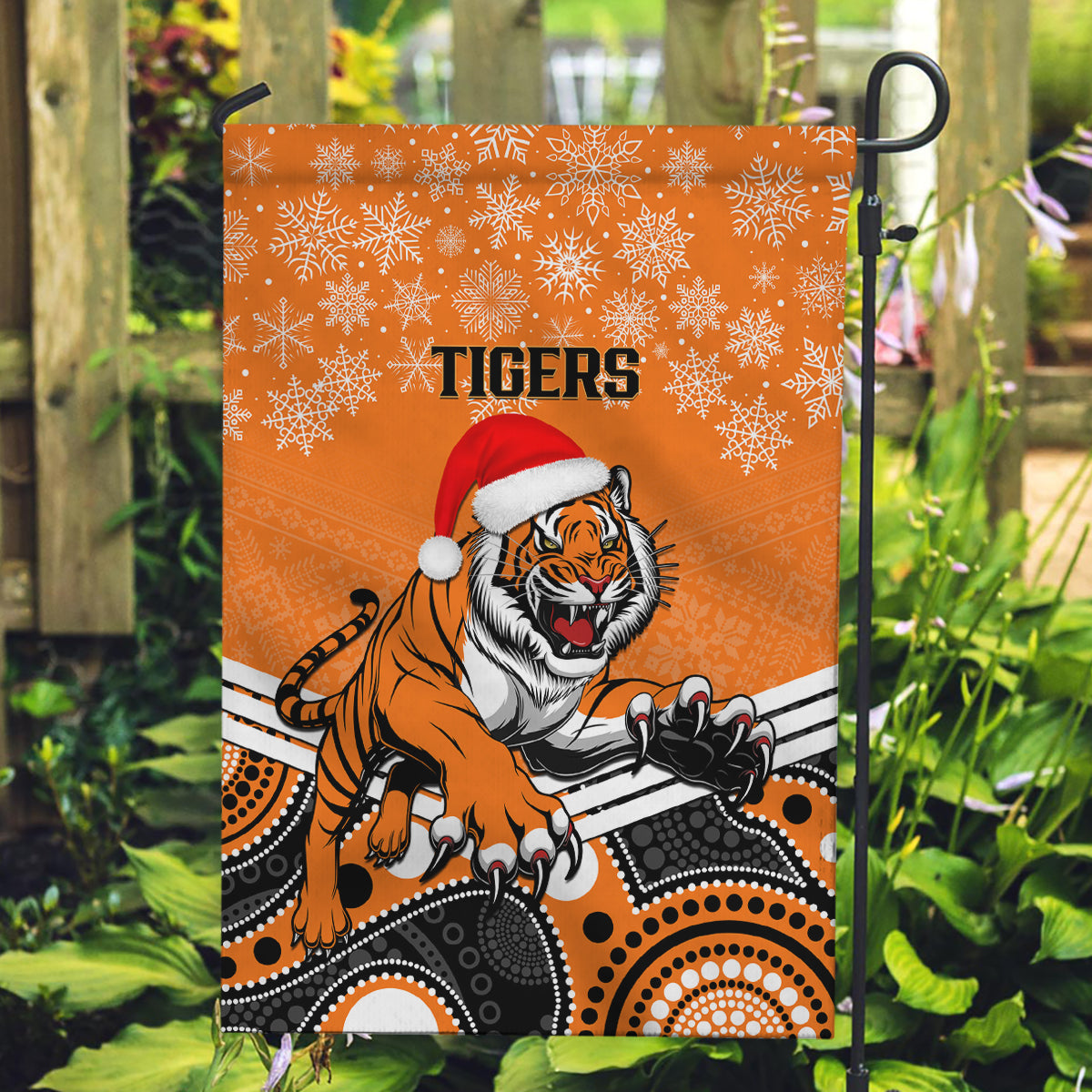 Tigers Rugby Christmas Garden Flag Merry Xmas 2023 Mix Aboriginal Art - Vibe Hoodie Shop