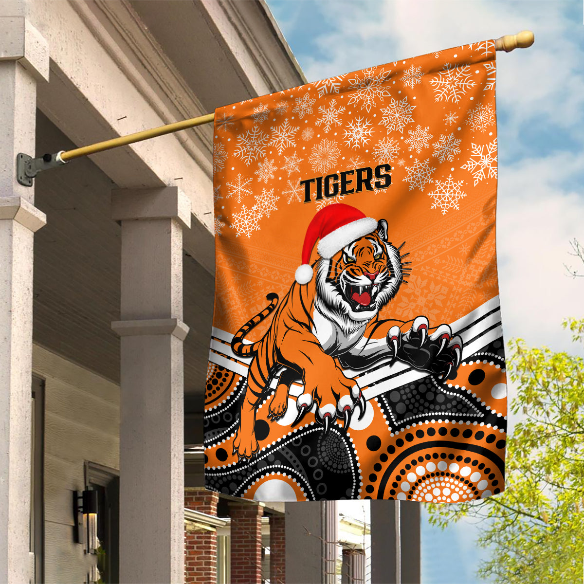 Tigers Rugby Christmas Garden Flag Merry Xmas 2023 Mix Aboriginal Art - Vibe Hoodie Shop