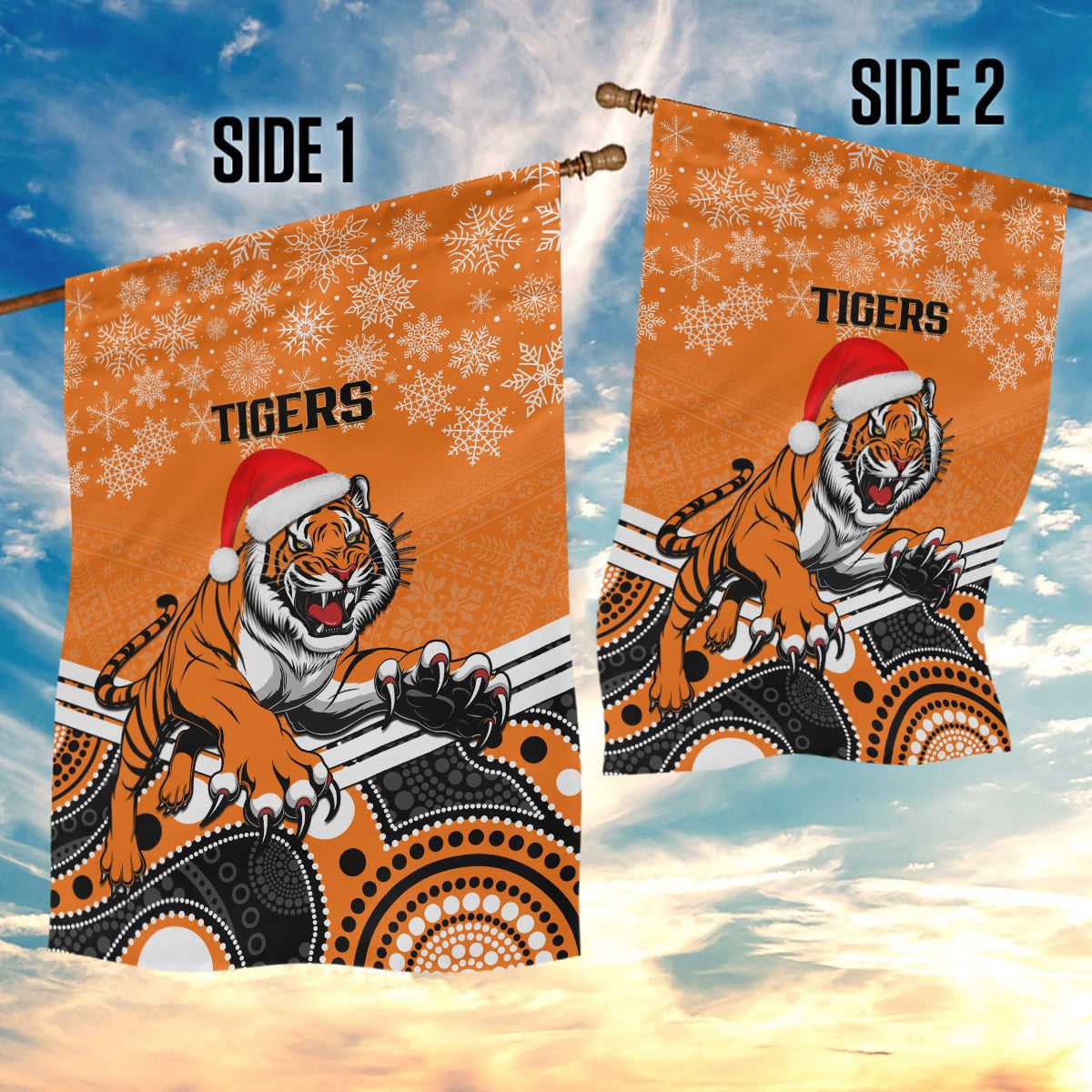 Tigers Rugby Christmas Garden Flag Merry Xmas 2023 Mix Aboriginal Art - Vibe Hoodie Shop