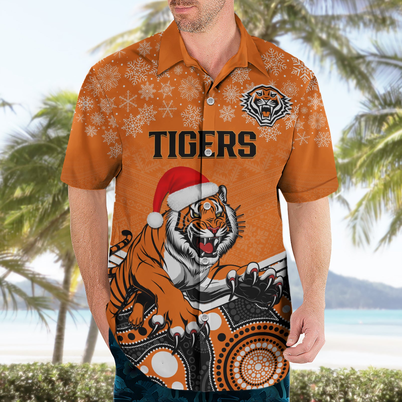 Custom Tigers Rugby Christmas Hawaiian Shirt Merry Xmas 2023 Mix Aboriginal Art - Vibe Hoodie Shop