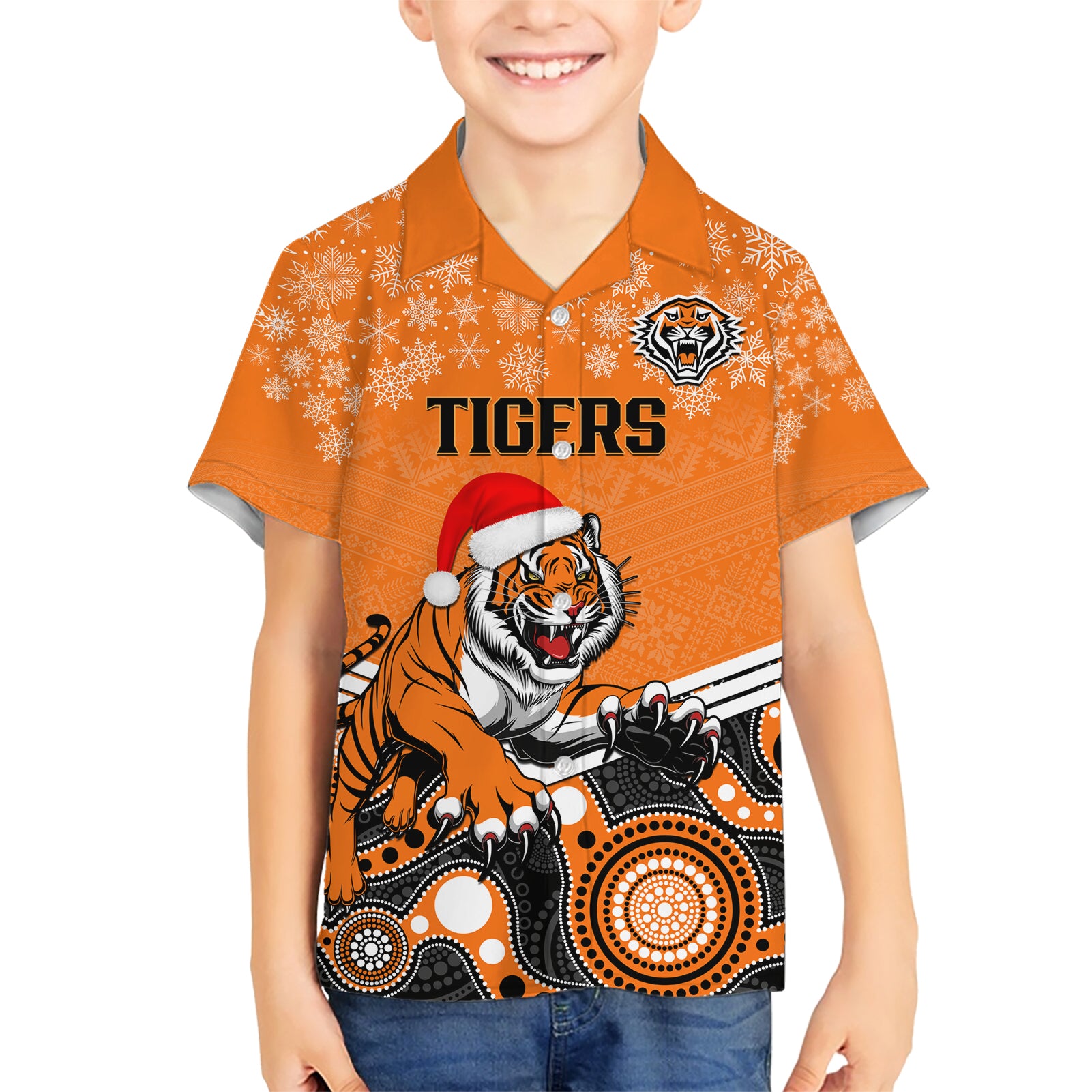 Custom Tigers Rugby Christmas Hawaiian Shirt Merry Xmas 2023 Mix Aboriginal Art - Vibe Hoodie Shop