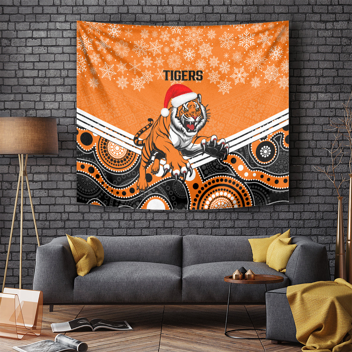 Tigers Rugby Christmas Tapestry Merry Xmas 2023 Mix Aboriginal Art - Vibe Hoodie Shop