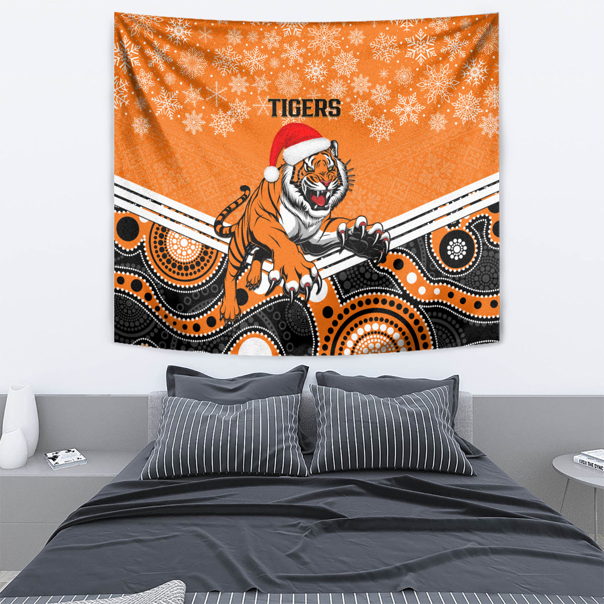 Tigers Rugby Christmas Tapestry Merry Xmas 2023 Mix Aboriginal Art - Vibe Hoodie Shop