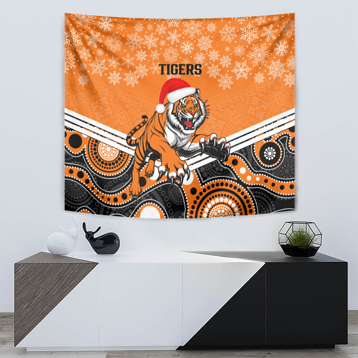 Tigers Rugby Christmas Tapestry Merry Xmas 2023 Mix Aboriginal Art - Vibe Hoodie Shop