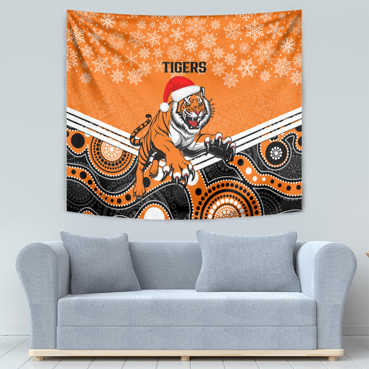 Tigers Rugby Christmas Tapestry Merry Xmas 2023 Mix Aboriginal Art - Vibe Hoodie Shop