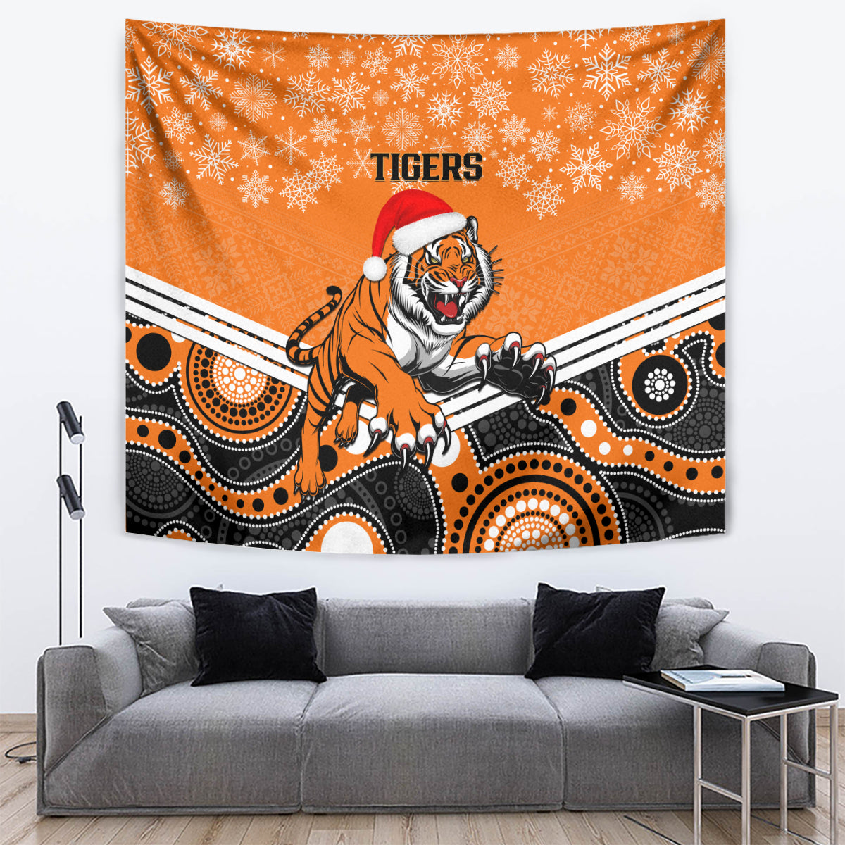 Tigers Rugby Christmas Tapestry Merry Xmas 2023 Mix Aboriginal Art - Vibe Hoodie Shop