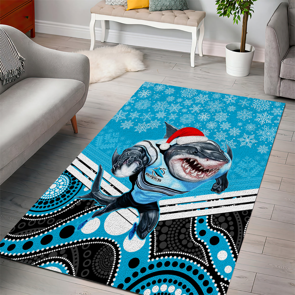 Sharks Rugby Christmas Area Rug Merry Xmas 2023 Mix Aboriginal Art - Vibe Hoodie Shop