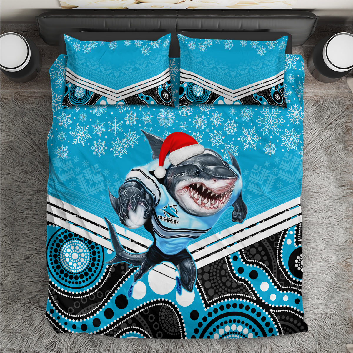 Sharks Rugby Christmas Bedding Set Merry Xmas 2023 Mix Aboriginal Art - Vibe Hoodie Shop