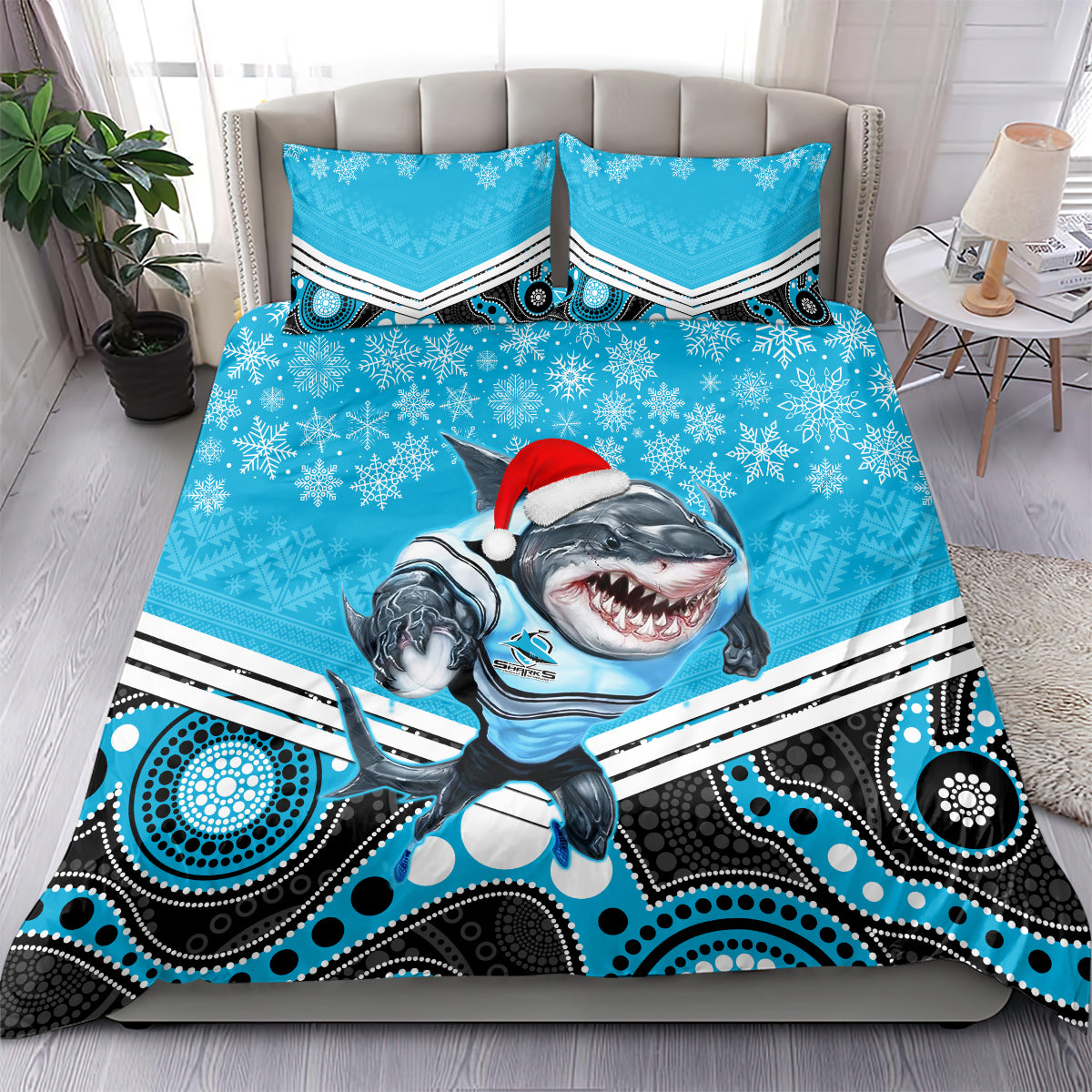 Sharks Rugby Christmas Bedding Set Merry Xmas 2023 Mix Aboriginal Art - Vibe Hoodie Shop