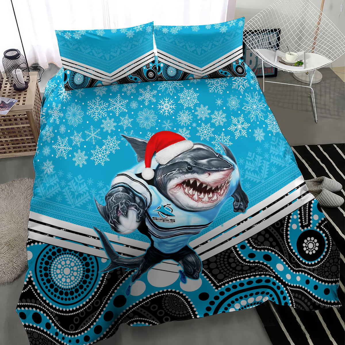 Sharks Rugby Christmas Bedding Set Merry Xmas 2023 Mix Aboriginal Art - Vibe Hoodie Shop