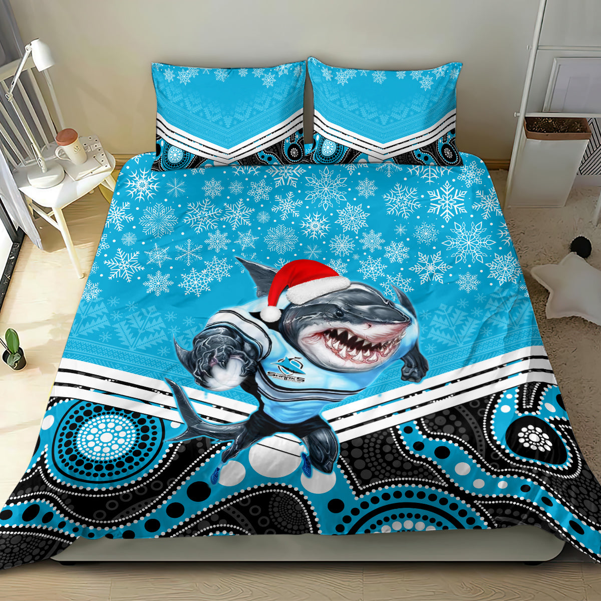 Sharks Rugby Christmas Bedding Set Merry Xmas 2023 Mix Aboriginal Art - Vibe Hoodie Shop