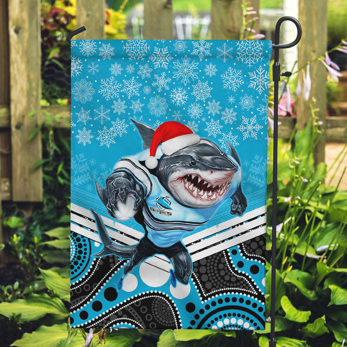 Sharks Rugby Christmas Garden Flag Merry Xmas 2023 Mix Aboriginal Art - Vibe Hoodie Shop