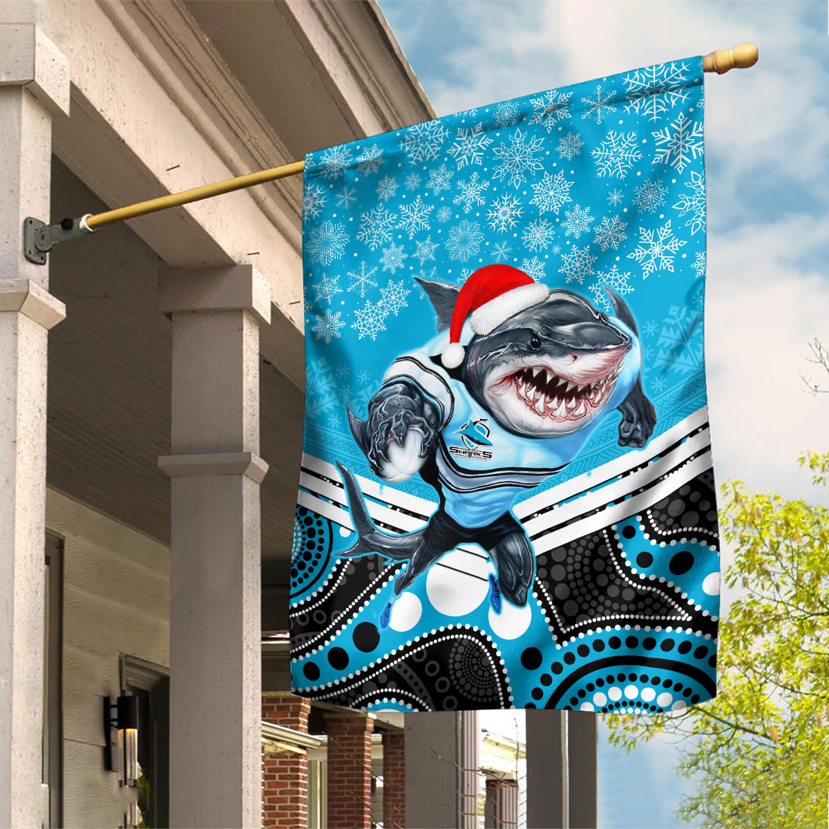 Sharks Rugby Christmas Garden Flag Merry Xmas 2023 Mix Aboriginal Art - Vibe Hoodie Shop