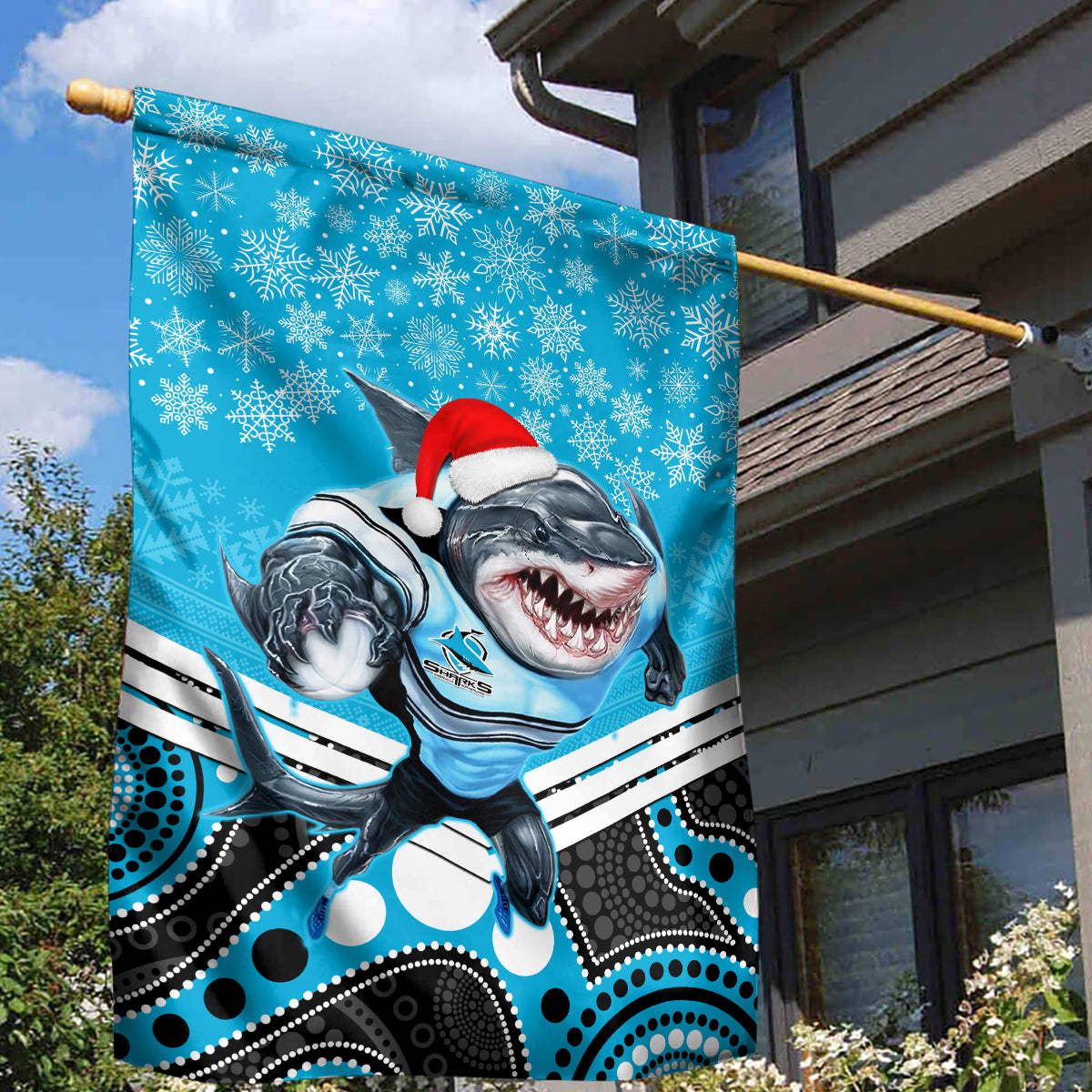 Sharks Rugby Christmas Garden Flag Merry Xmas 2023 Mix Aboriginal Art - Vibe Hoodie Shop