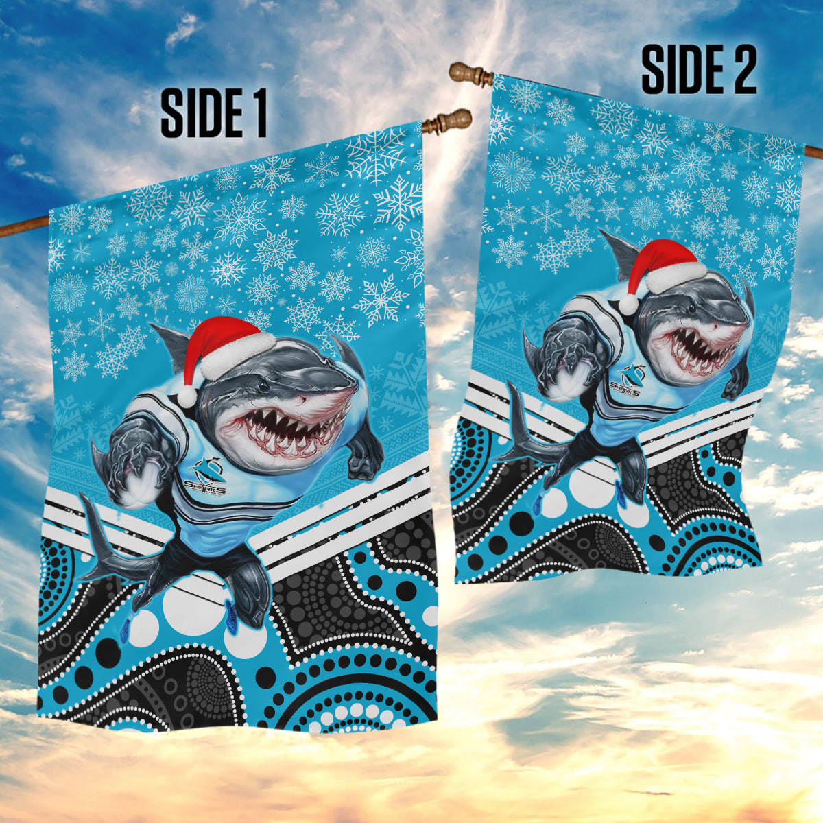 Sharks Rugby Christmas Garden Flag Merry Xmas 2023 Mix Aboriginal Art - Vibe Hoodie Shop