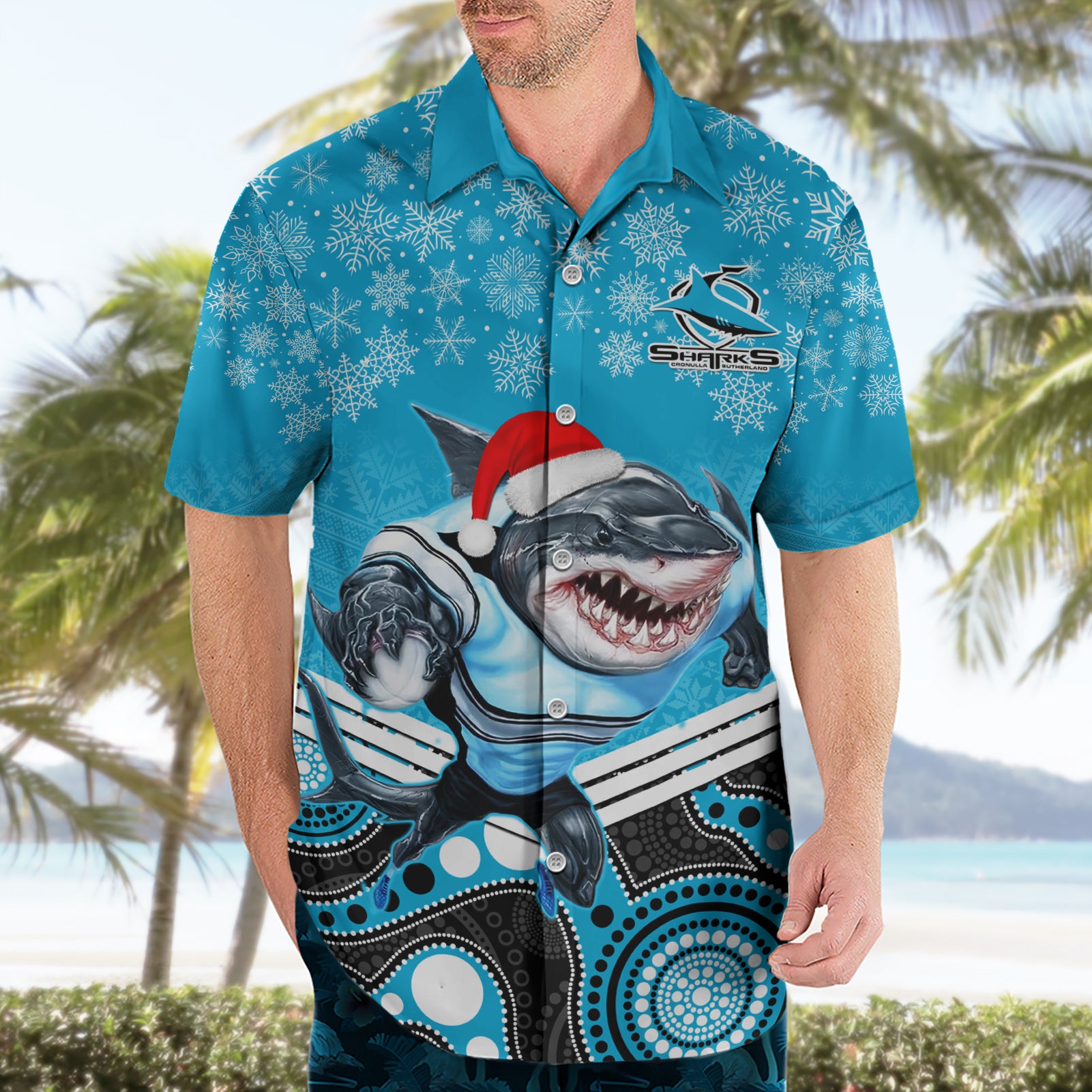 Custom Sharks Rugby Christmas Hawaiian Shirt Merry Xmas 2023 Mix Aboriginal Art - Vibe Hoodie Shop