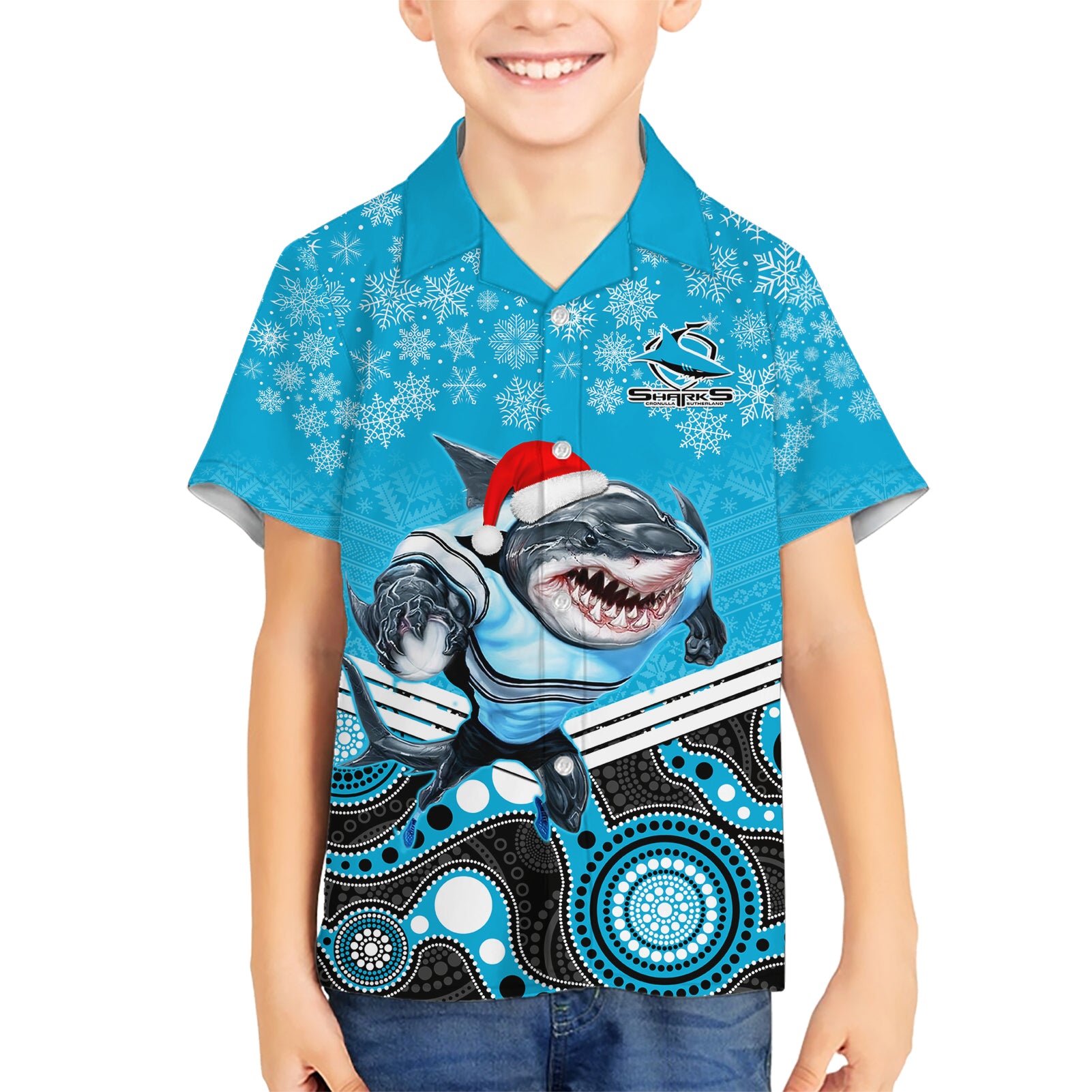 Custom Sharks Rugby Christmas Hawaiian Shirt Merry Xmas 2023 Mix Aboriginal Art - Vibe Hoodie Shop