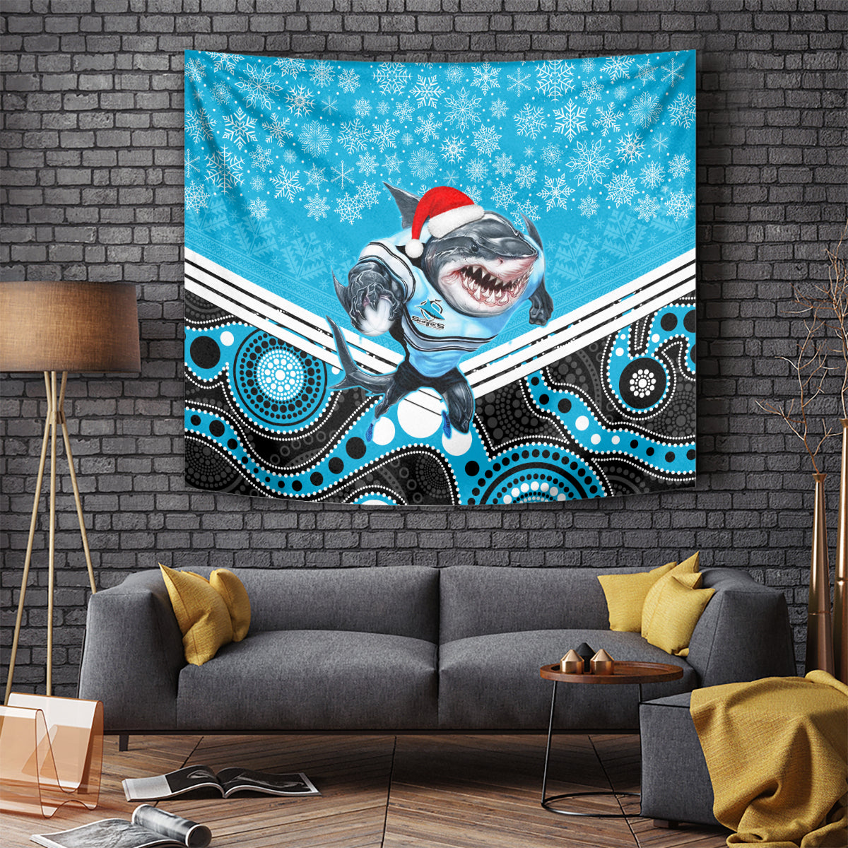 Sharks Rugby Christmas Tapestry Merry Xmas 2023 Mix Aboriginal Art - Vibe Hoodie Shop