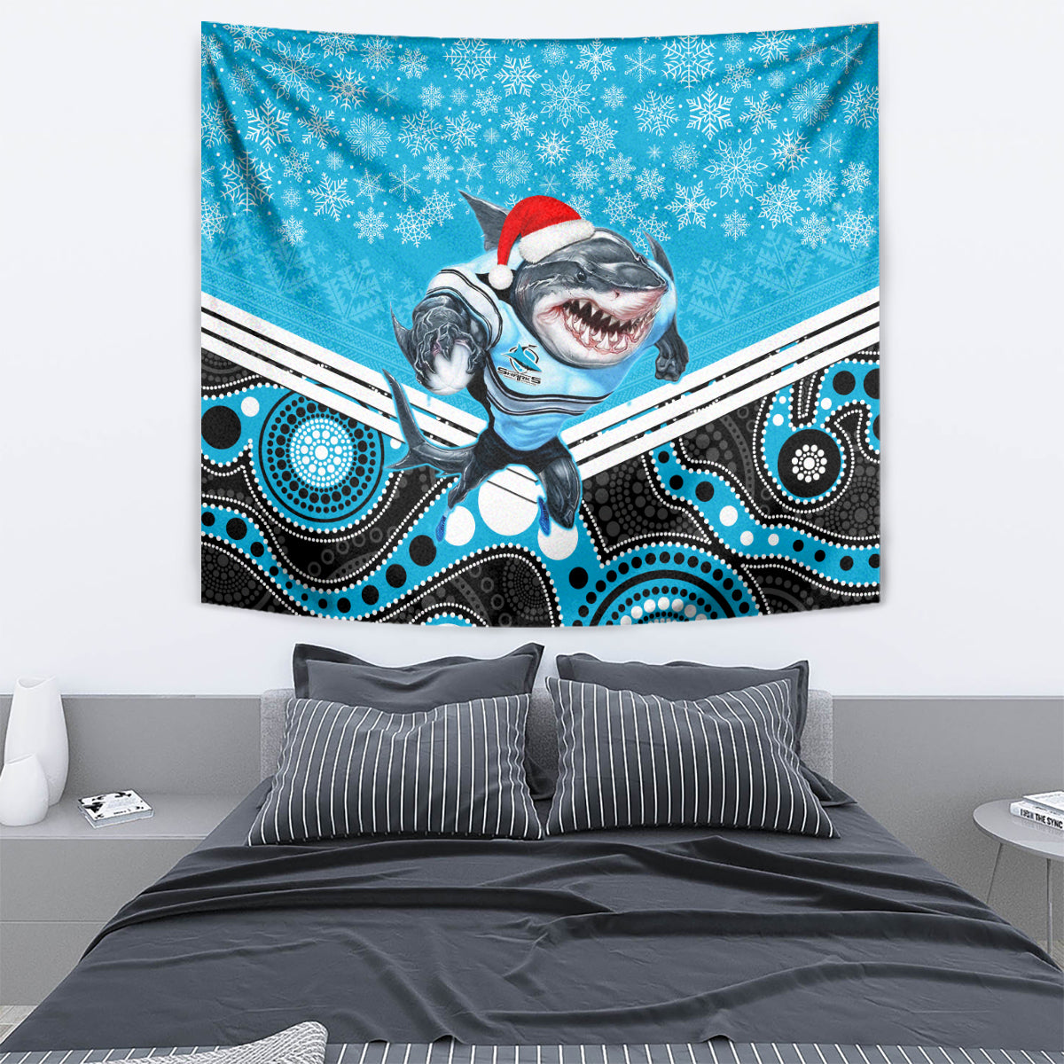 Sharks Rugby Christmas Tapestry Merry Xmas 2023 Mix Aboriginal Art - Vibe Hoodie Shop