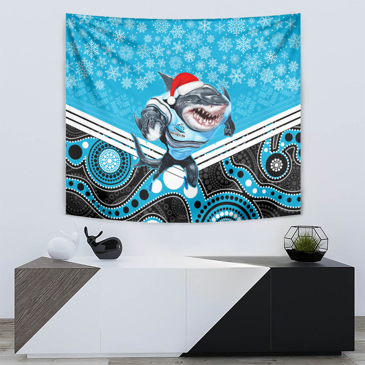 Sharks Rugby Christmas Tapestry Merry Xmas 2023 Mix Aboriginal Art - Vibe Hoodie Shop