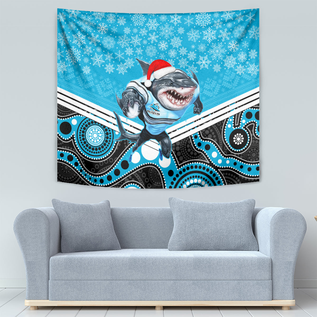 Sharks Rugby Christmas Tapestry Merry Xmas 2023 Mix Aboriginal Art - Vibe Hoodie Shop