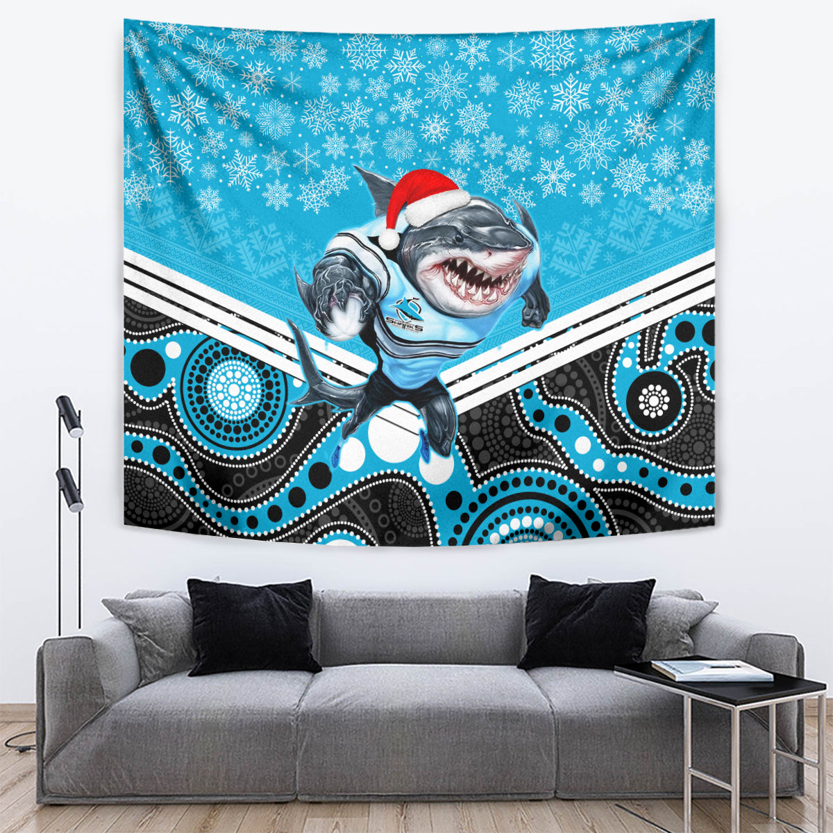 Sharks Rugby Christmas Tapestry Merry Xmas 2023 Mix Aboriginal Art - Vibe Hoodie Shop