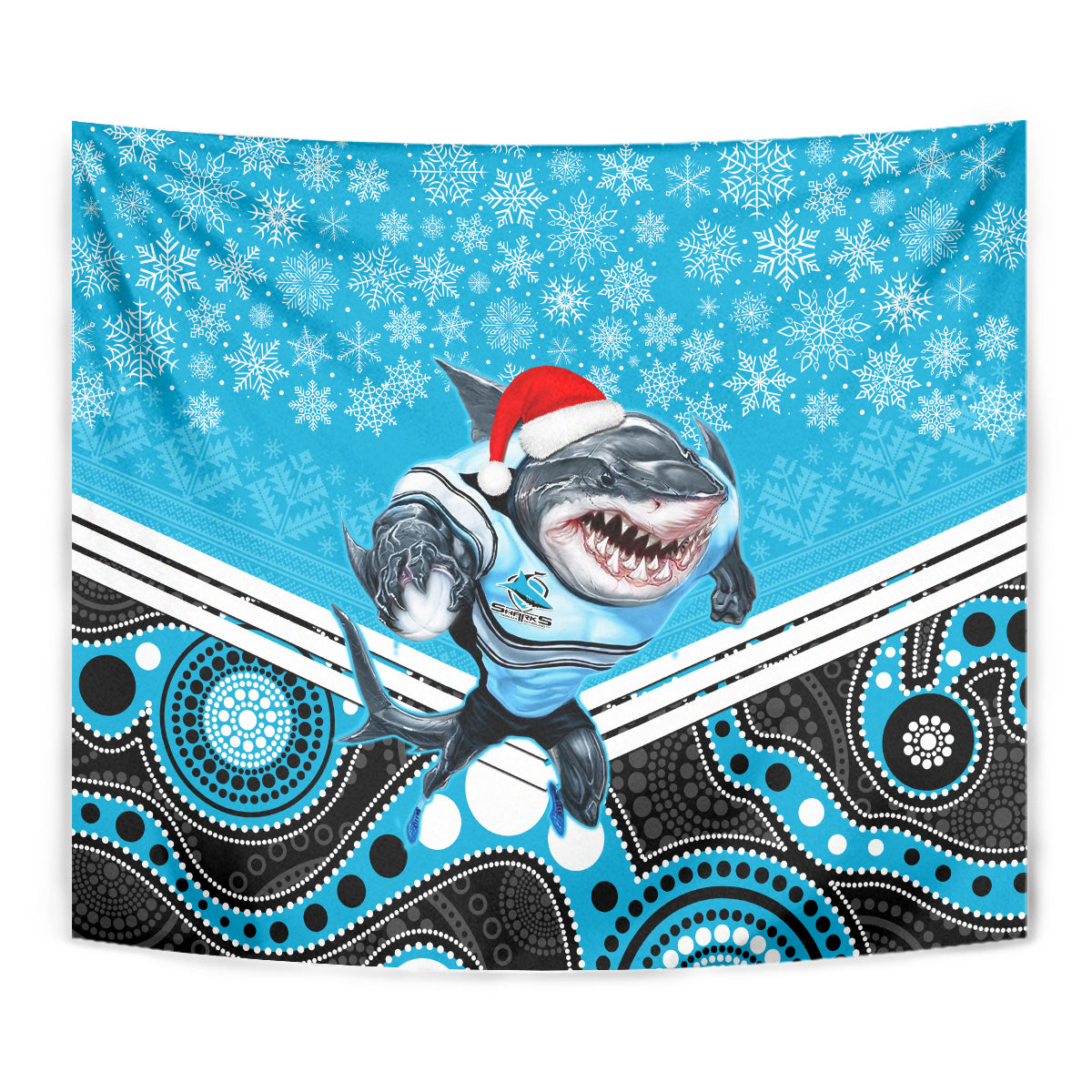 Sharks Rugby Christmas Tapestry Merry Xmas 2023 Mix Aboriginal Art - Vibe Hoodie Shop