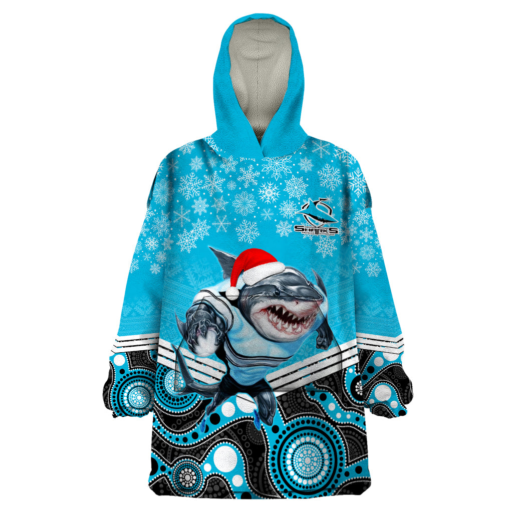 Custom Sharks Rugby Christmas Wearable Blanket Hoodie Merry Xmas 2023 Mix Aboriginal Art - Vibe Hoodie Shop