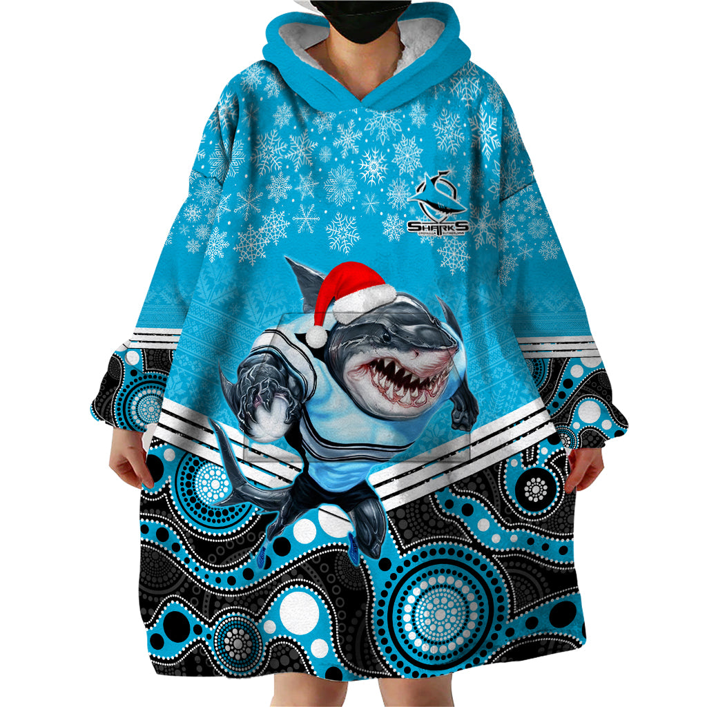 Custom Sharks Rugby Christmas Wearable Blanket Hoodie Merry Xmas 2023 Mix Aboriginal Art - Vibe Hoodie Shop