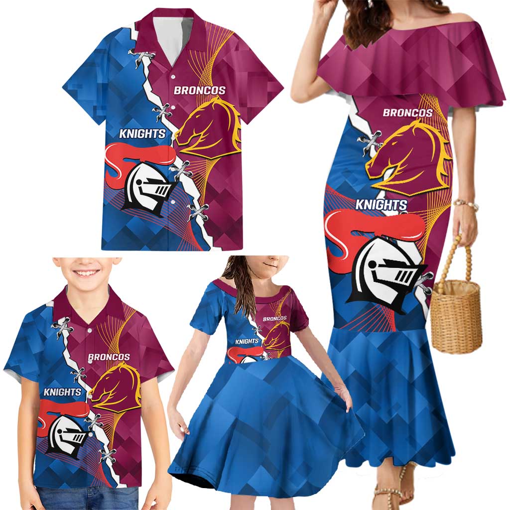 Custom Broncos And Knights Rugby Family Matching Mermaid Dress and Hawaiian Shirt Dynamic Version