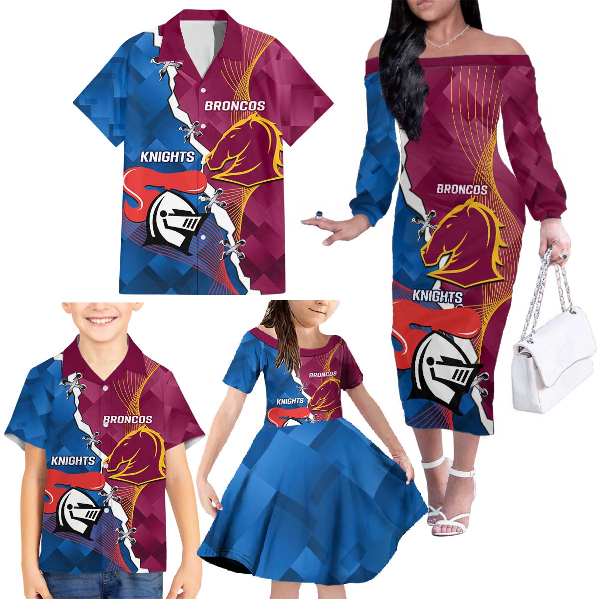 Custom Broncos And Knights Rugby Family Matching Off The Shoulder Long Sleeve Dress and Hawaiian Shirt Dynamic Version