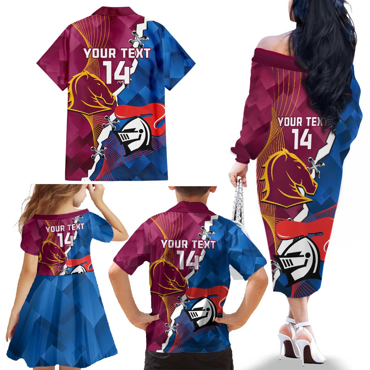 Custom Broncos And Knights Rugby Family Matching Off The Shoulder Long Sleeve Dress and Hawaiian Shirt Dynamic Version