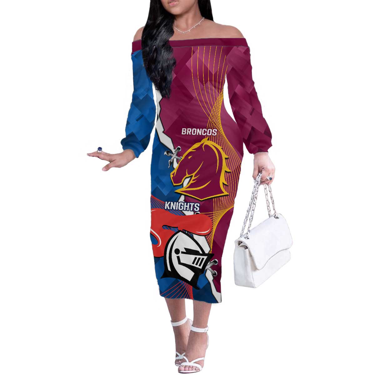 Custom Broncos And Knights Rugby Family Matching Off The Shoulder Long Sleeve Dress and Hawaiian Shirt Dynamic Version