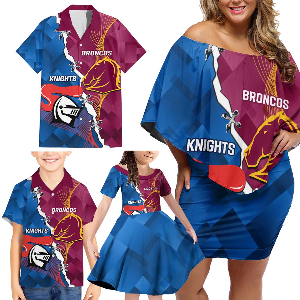 Custom Broncos And Knights Rugby Family Matching Off Shoulder Short Dress and Hawaiian Shirt Dynamic Version