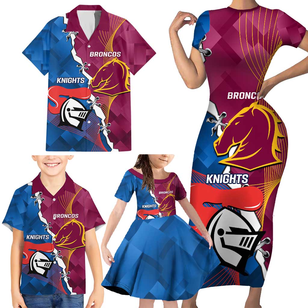 Custom Broncos And Knights Rugby Family Matching Short Sleeve Bodycon Dress and Hawaiian Shirt Dynamic Version