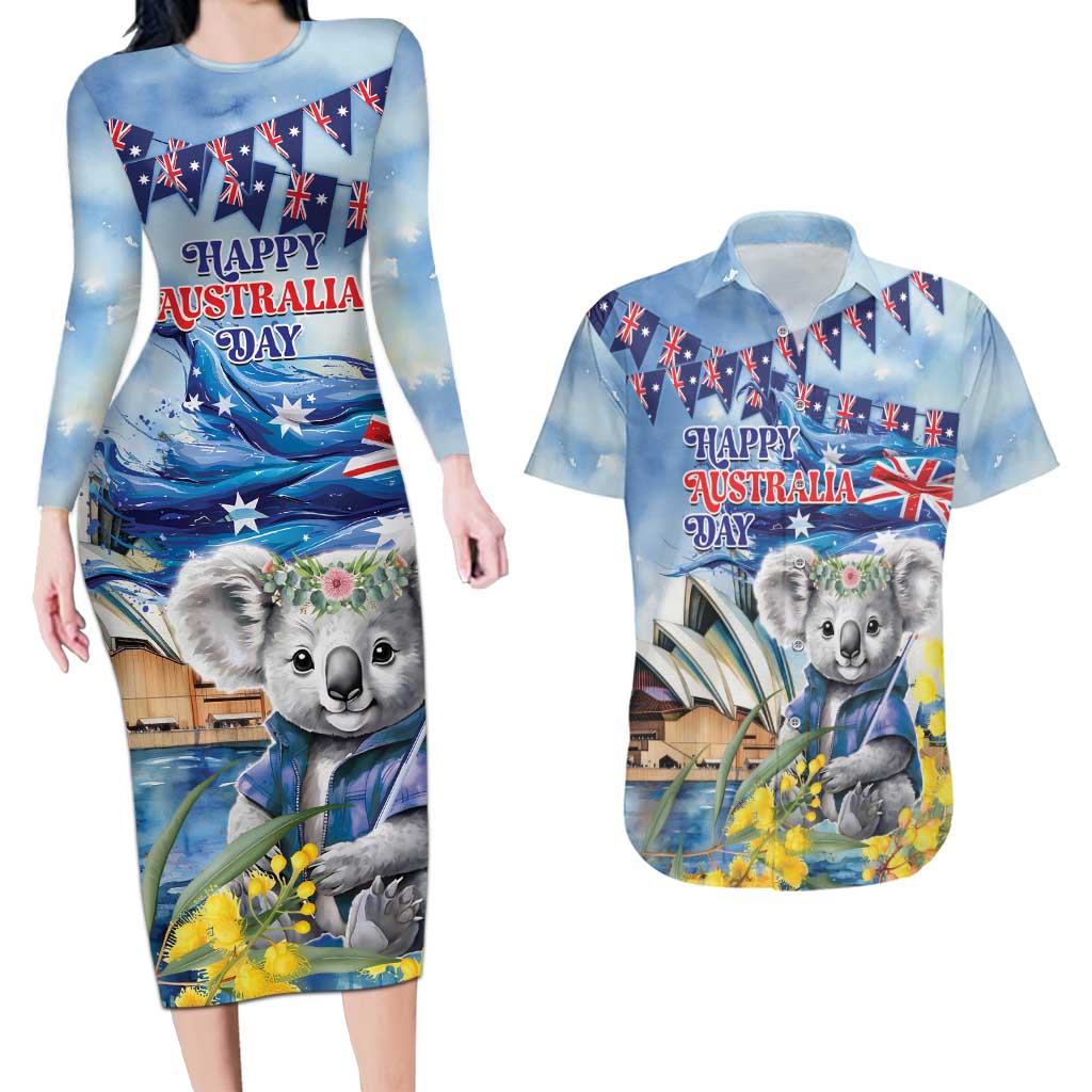 Koala Australia Day Couples Matching Long Sleeve Bodycon Dress and Hawaiian Shirt Proud Aussie Sydney Opera House