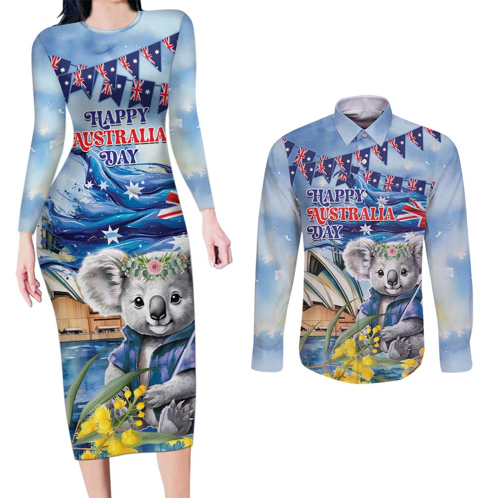 Koala Australia Day Couples Matching Long Sleeve Bodycon Dress and Long Sleeve Button Shirt Proud Aussie Sydney Opera House