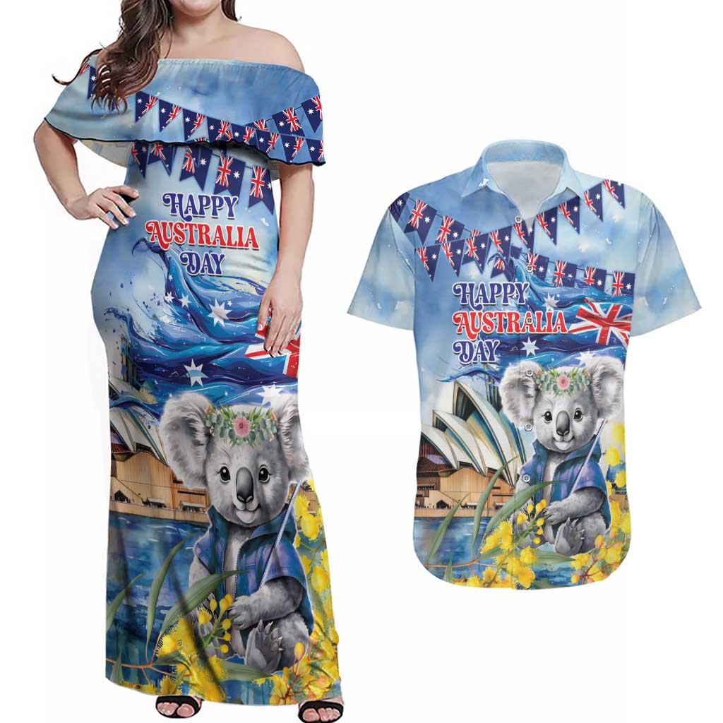 Koala Australia Day Couples Matching Off Shoulder Maxi Dress and Hawaiian Shirt Proud Aussie Sydney Opera House