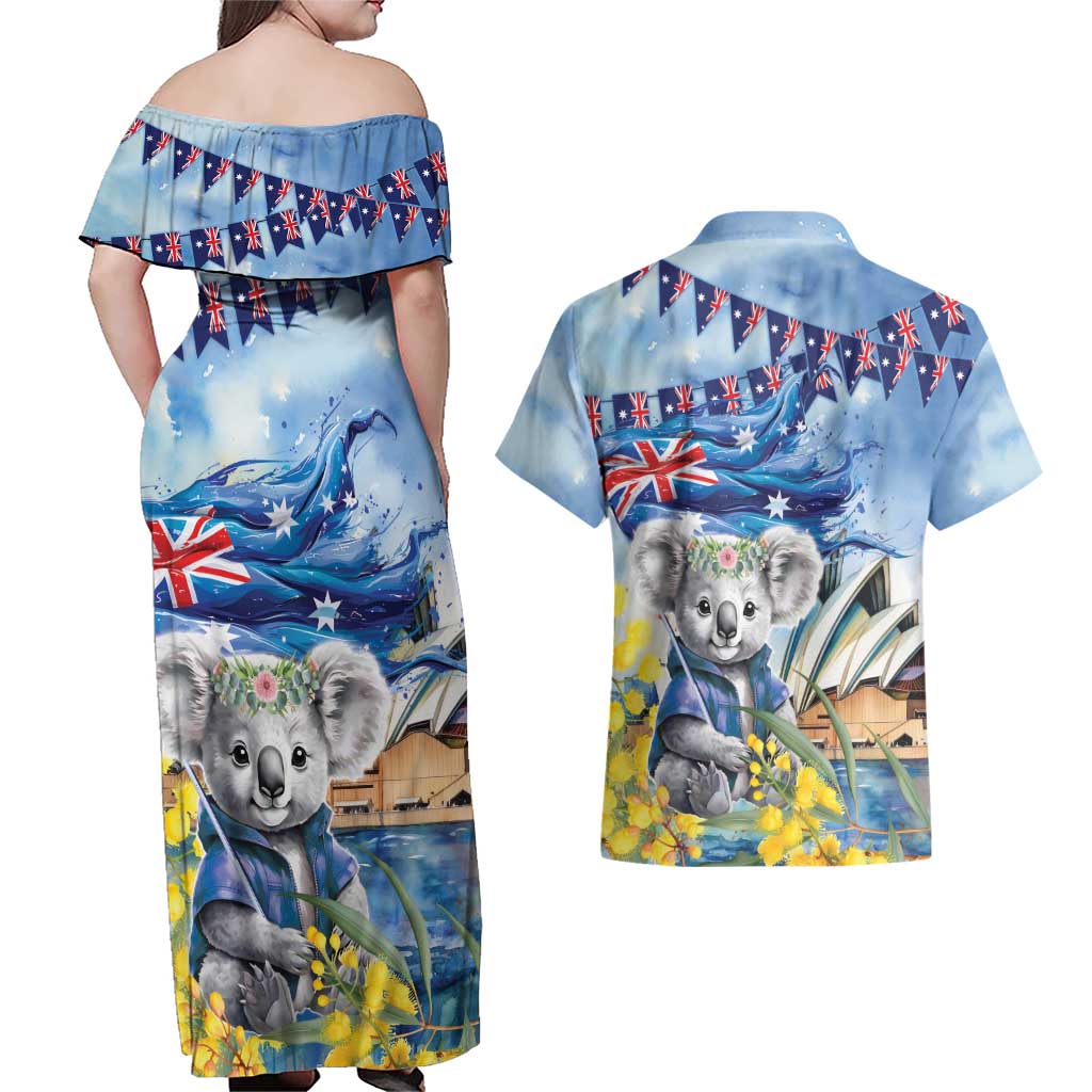 Koala Australia Day Couples Matching Off Shoulder Maxi Dress and Hawaiian Shirt Proud Aussie Sydney Opera House