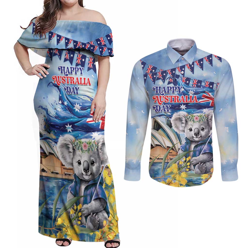 Koala Australia Day Couples Matching Off Shoulder Maxi Dress and Long Sleeve Button Shirt Proud Aussie Sydney Opera House