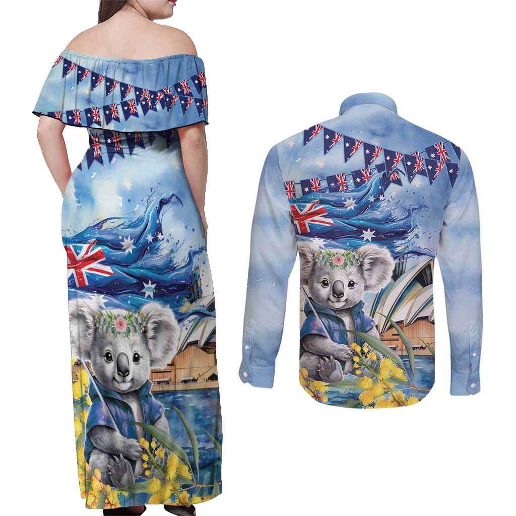 Koala Australia Day Couples Matching Off Shoulder Maxi Dress and Long Sleeve Button Shirt Proud Aussie Sydney Opera House