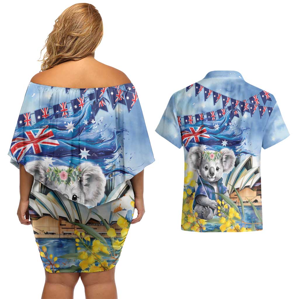 Koala Australia Day Couples Matching Off Shoulder Short Dress and Hawaiian Shirt Proud Aussie Sydney Opera House