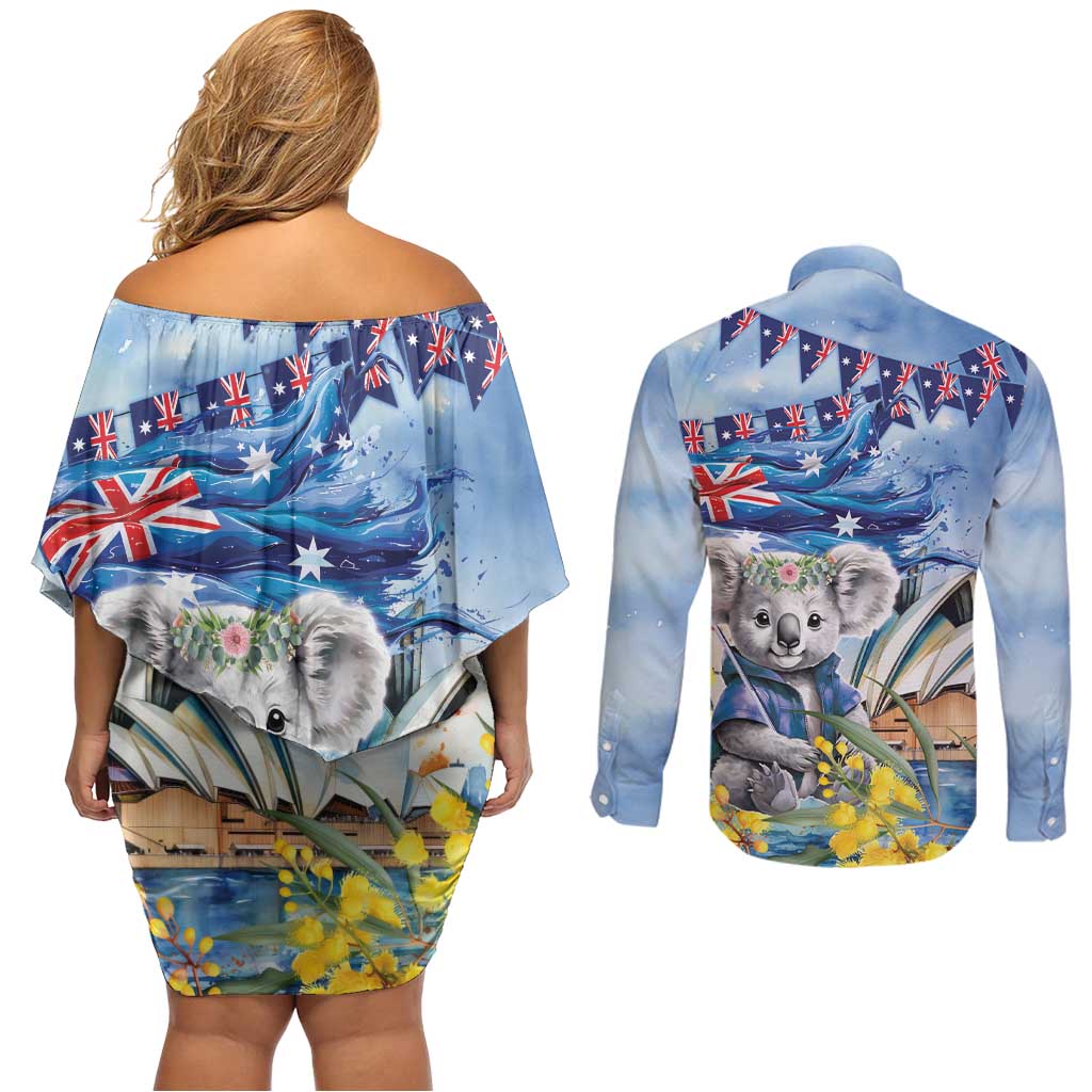 Koala Australia Day Couples Matching Off Shoulder Short Dress and Long Sleeve Button Shirt Proud Aussie Sydney Opera House