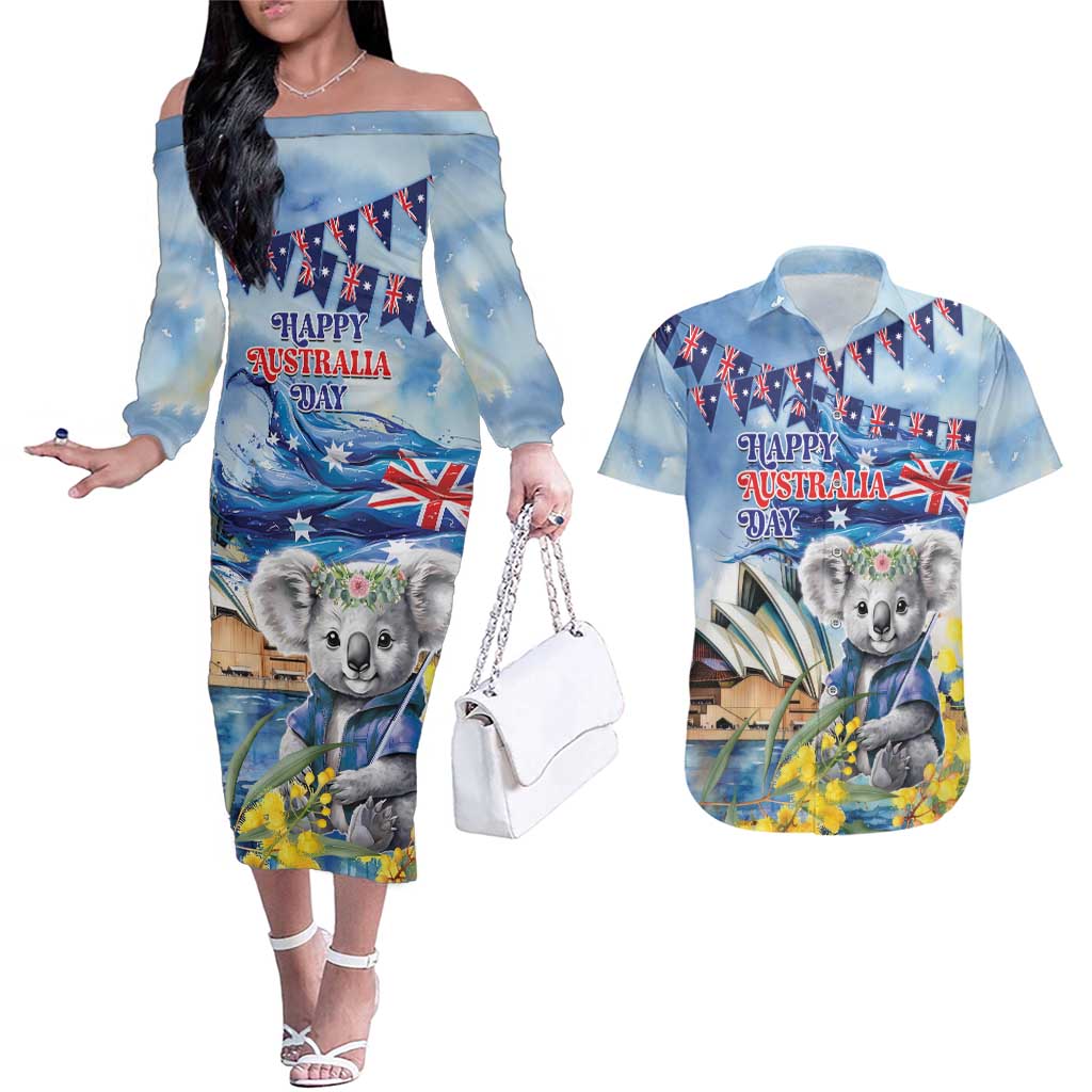 Koala Australia Day Couples Matching Off The Shoulder Long Sleeve Dress and Hawaiian Shirt Proud Aussie Sydney Opera House