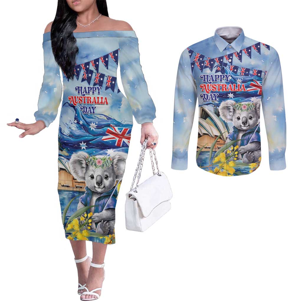 Koala Australia Day Couples Matching Off The Shoulder Long Sleeve Dress and Long Sleeve Button Shirt Proud Aussie Sydney Opera House