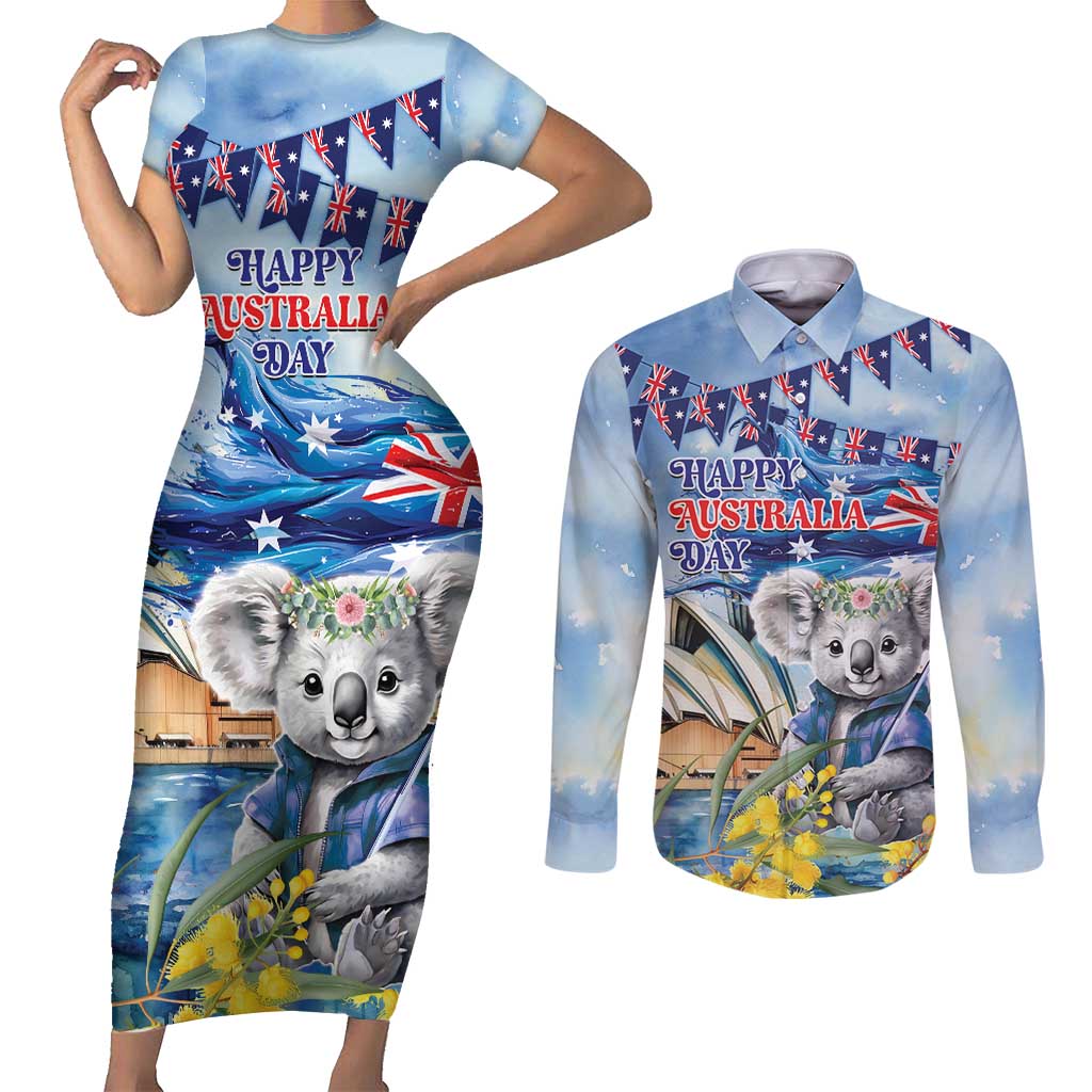 Koala Australia Day Couples Matching Short Sleeve Bodycon Dress and Long Sleeve Button Shirt Proud Aussie Sydney Opera House