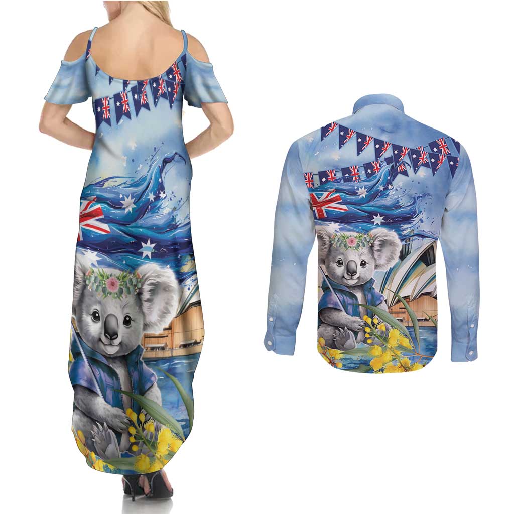 Koala Australia Day Couples Matching Summer Maxi Dress and Long Sleeve Button Shirt Proud Aussie Sydney Opera House