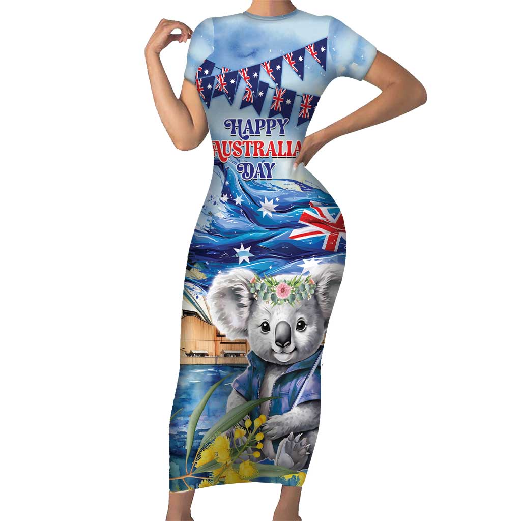 Koala Australia Day Short Sleeve Bodycon Dress Proud Aussie Sydney Opera House